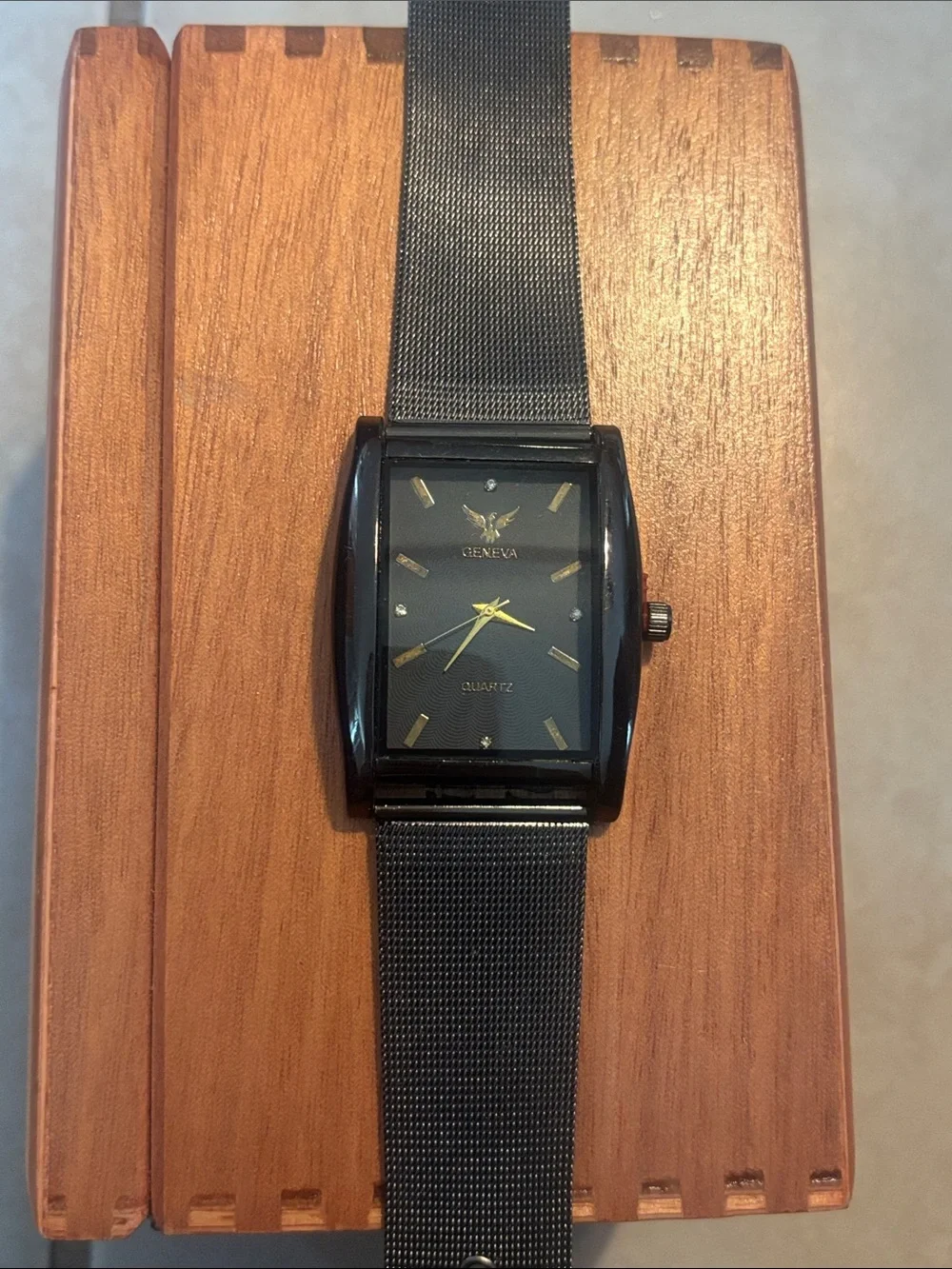 Geneva Black Mesh Band Men’s Quartz Watch with Gold Markers